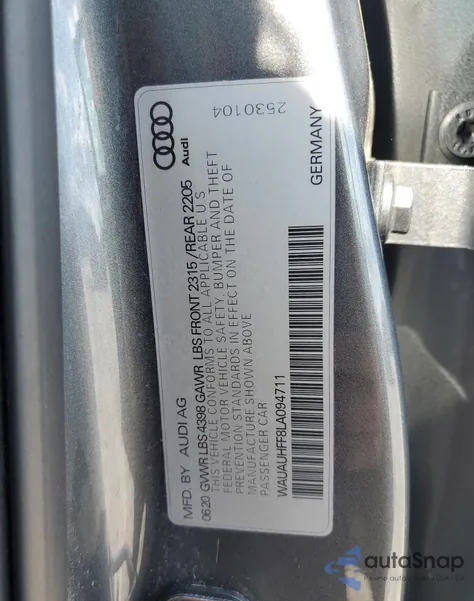 2020 Audi A3 Premium из США, поврежденный, VIN WAUAUHFF8LA094711